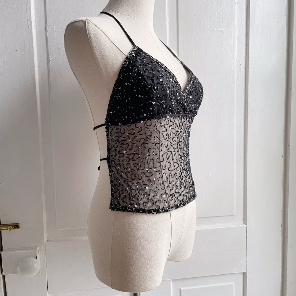 SOLD Vintage 90s/Y2K Beaded Sequin Sheer Mesh Open Back Tie Halter Top - Picture 3 of 7